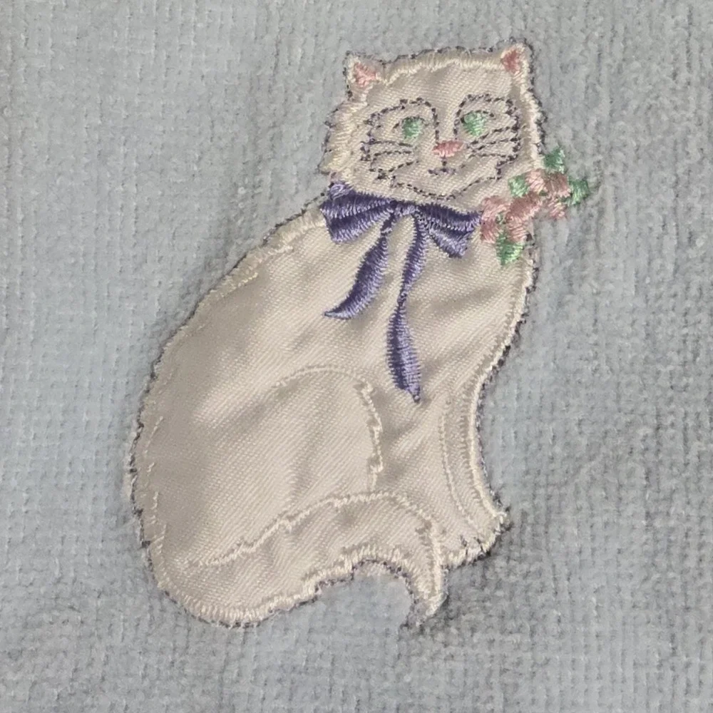 VTG Blue Terrycloth Towel Set Cat Kitten Satin Appliqué 3-Piece Royal‎ Pacific